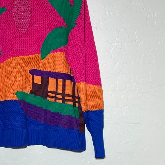 Farm Rio Amazon Stamps Open Knit Cotton Sweater Pink Womens Size Large Island - Picture 12 of 14